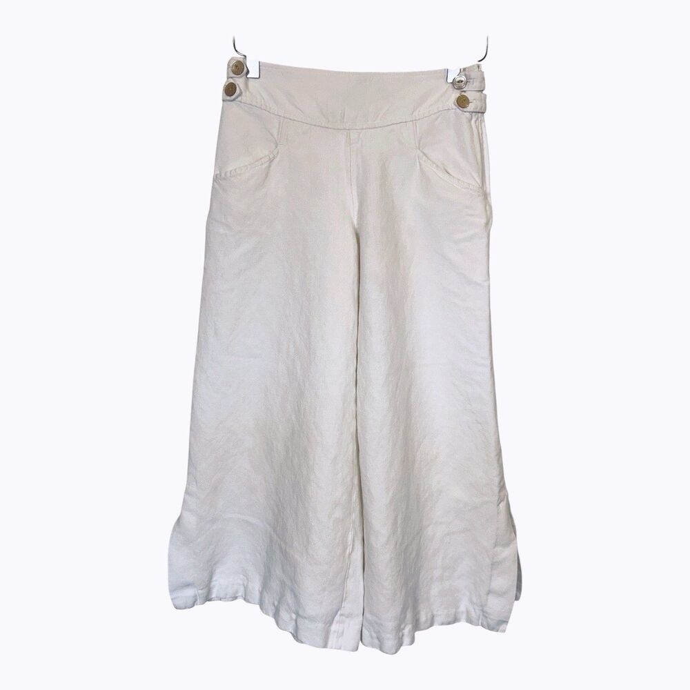 Elevenses Crop Wide Slit Leg Gaucho Pants Linen Blend Culottes Buttons Sz 0